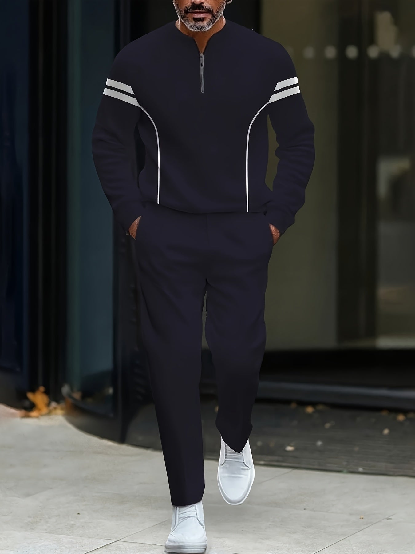 Men's Striped Half Zip Hoodie and Straight Pants Set
