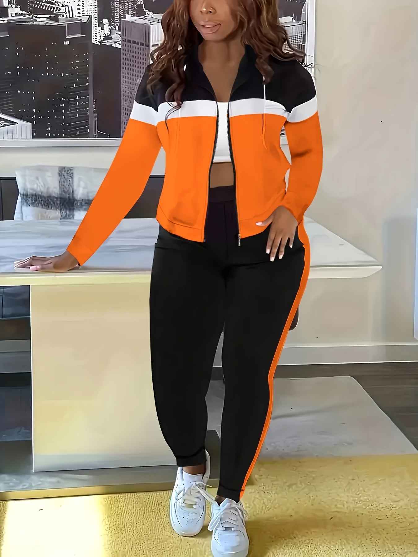 Two Piece Zip Up Tracksuit Set With Jogger Pants Women