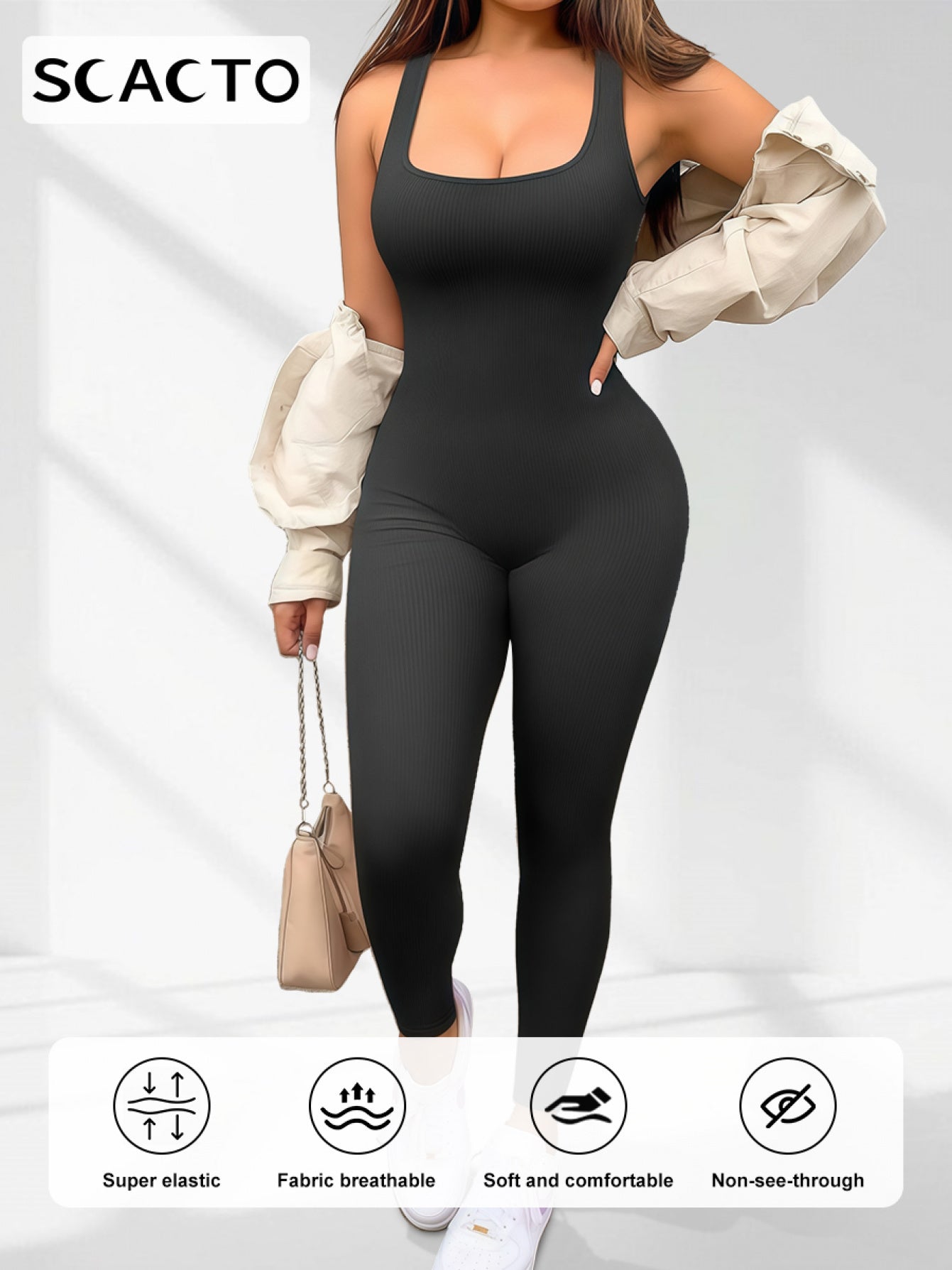 SCACTO Seamless Spandex Jumpsuit For Women High Elastic Workout Romper