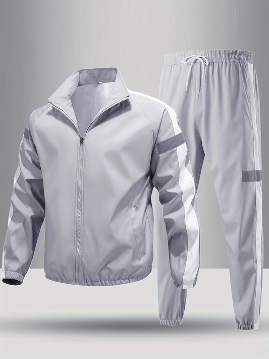 Men's Casual Sportswear Set Hooded Top Long Sleeve Striped Polyester