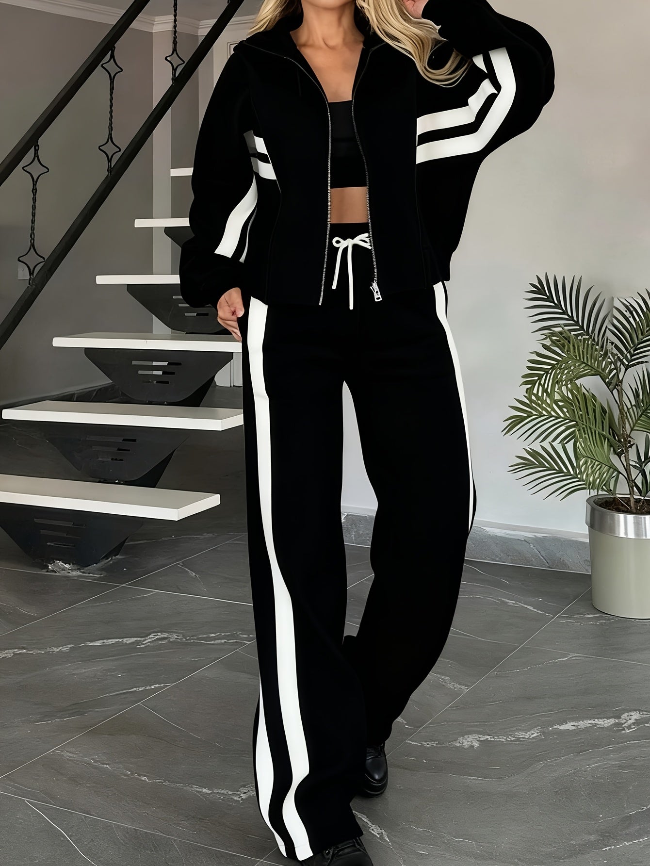 Y Design Two-Piece Zipper Jacket And Wide-Leg Pants Set
