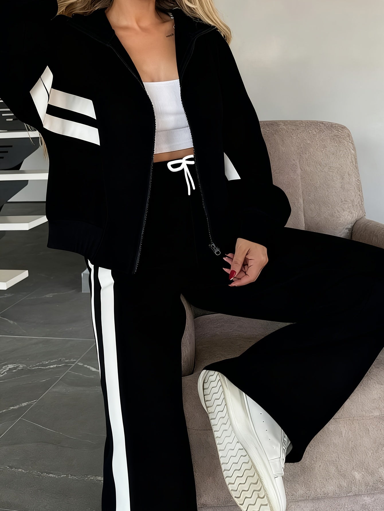 Y Design Two-Piece Zipper Jacket And Wide-Leg Pants Set