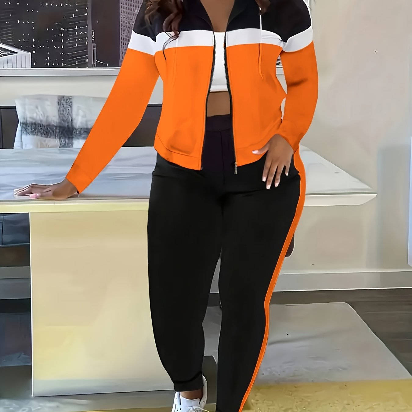 Two Piece Zip Up Tracksuit Set With Jogger Pants Women
