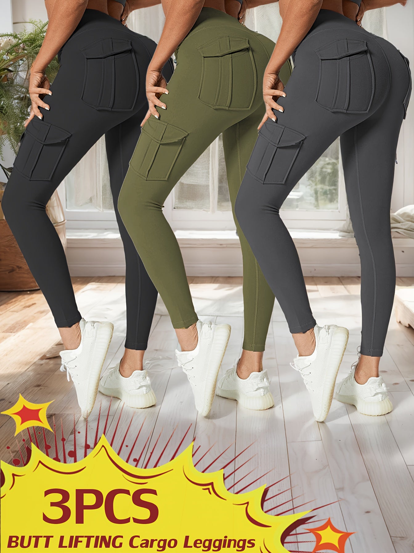 JEGGE High Waisted Yoga Leggings Set 3 Pack With Pockets