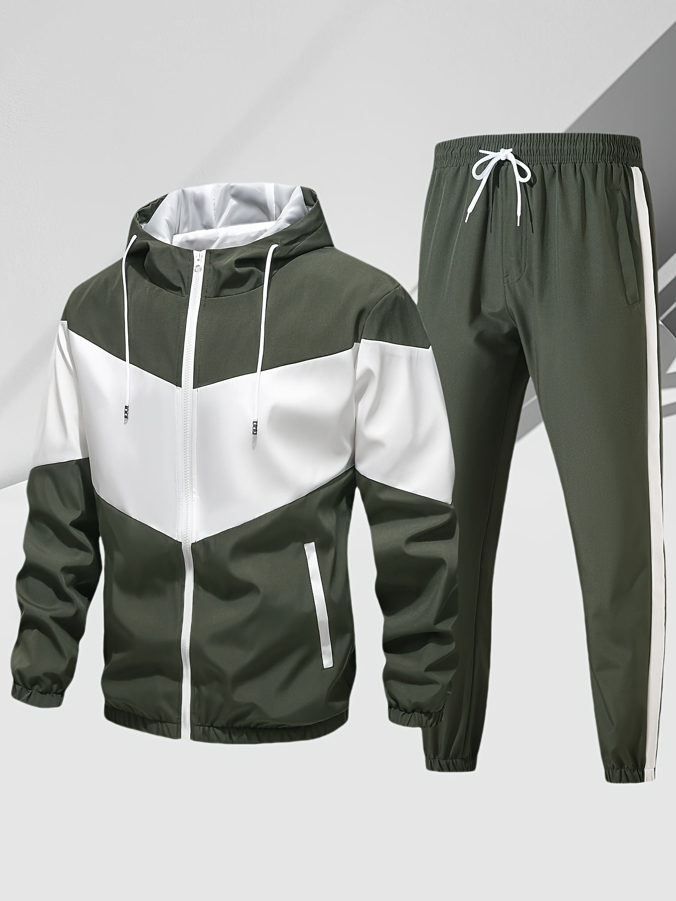 Men's Casual Two Piece Set Hooded Jacket With Drawstring Pants