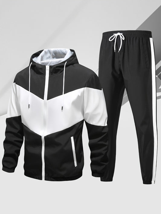 Men's Casual Two Piece Set Hooded Jacket With Drawstring Pants