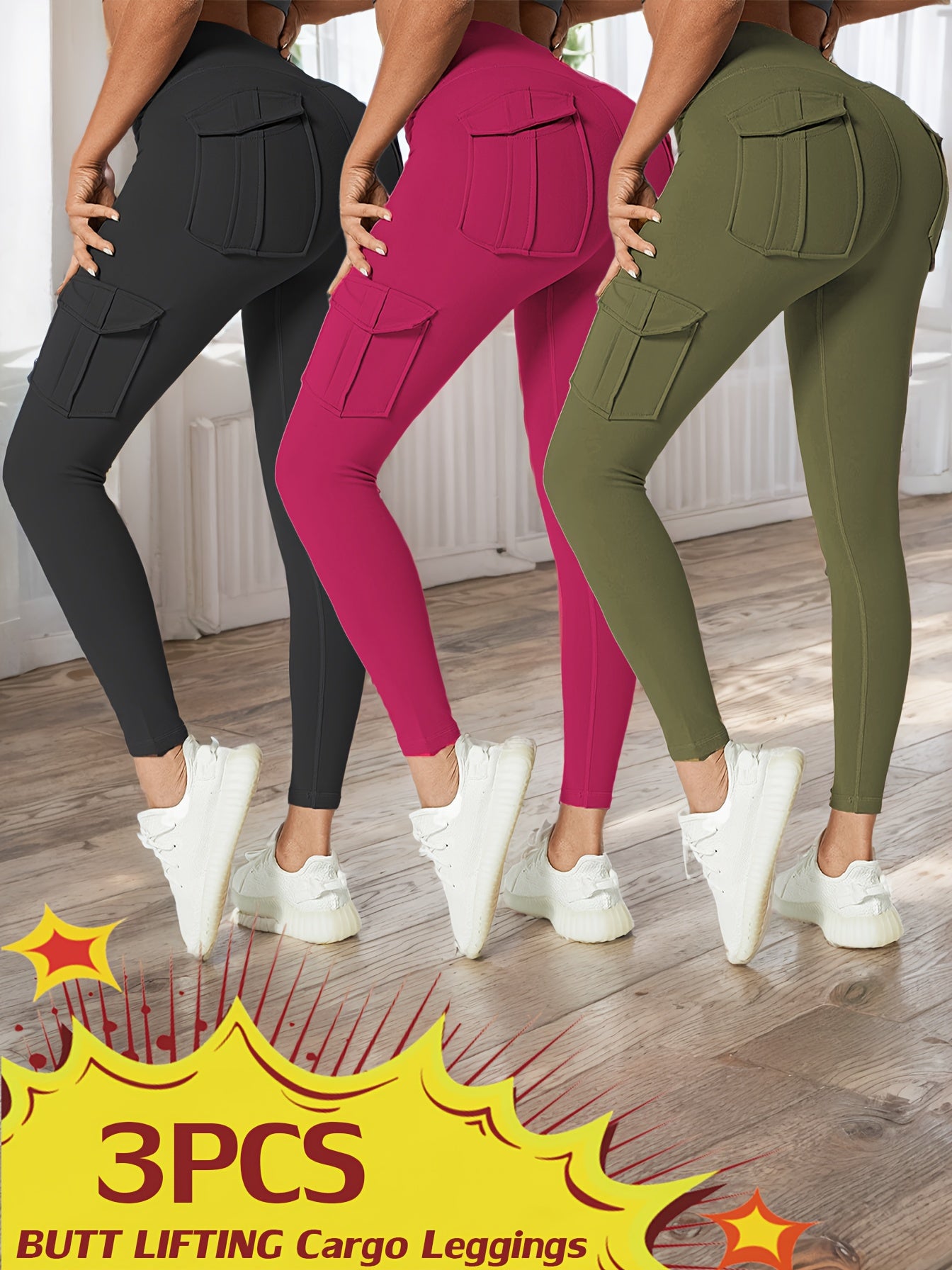 JEGGE High Waisted Yoga Leggings Set 3 Pack With Pockets