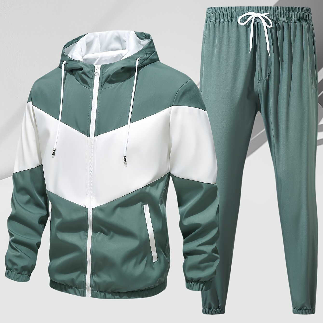 Men's Casual Two Piece Set Hooded Jacket With Drawstring Pants