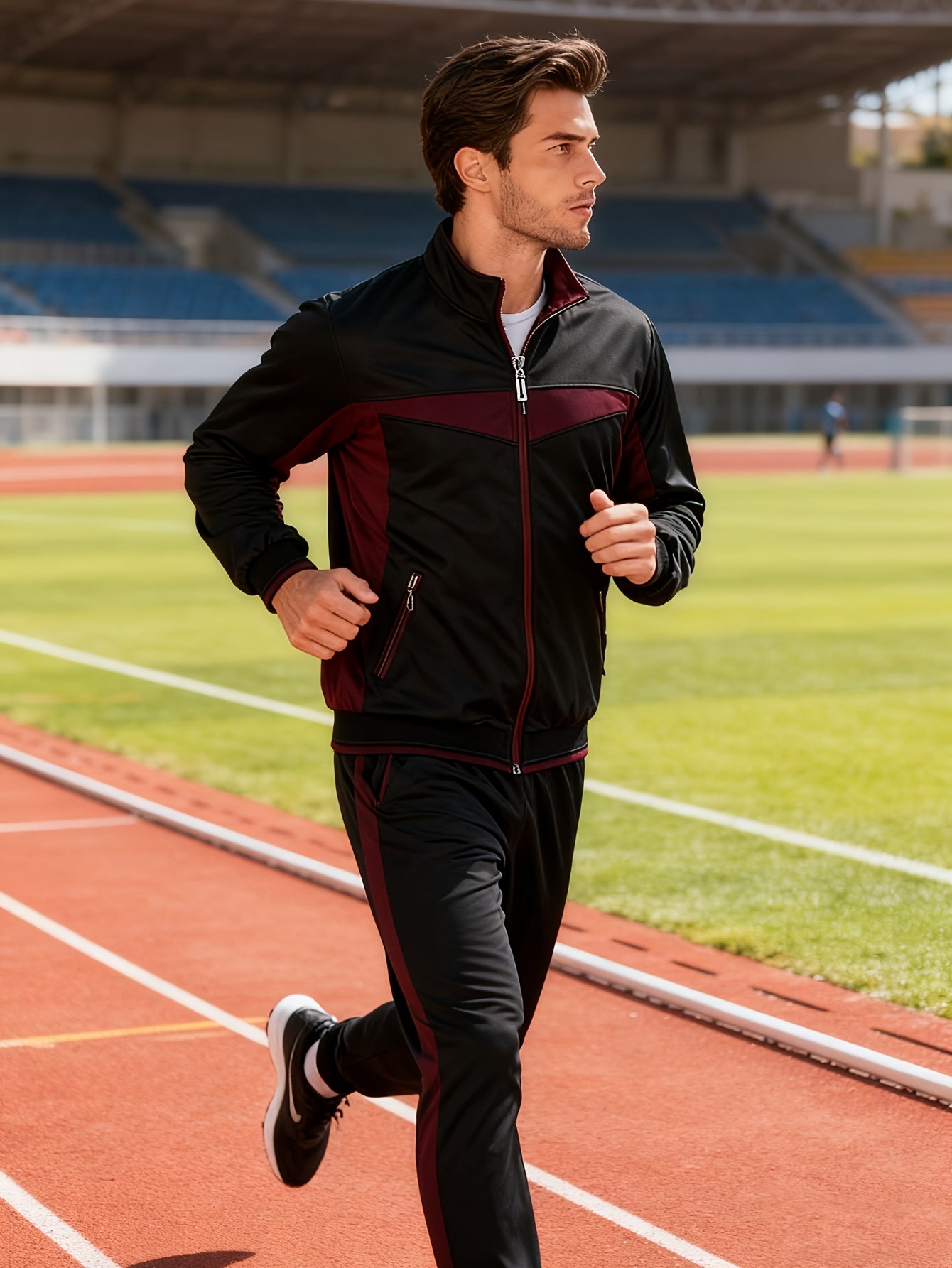 Doinline Mens Fall Winter Two Piece Sportswear Set Jacket Joggers