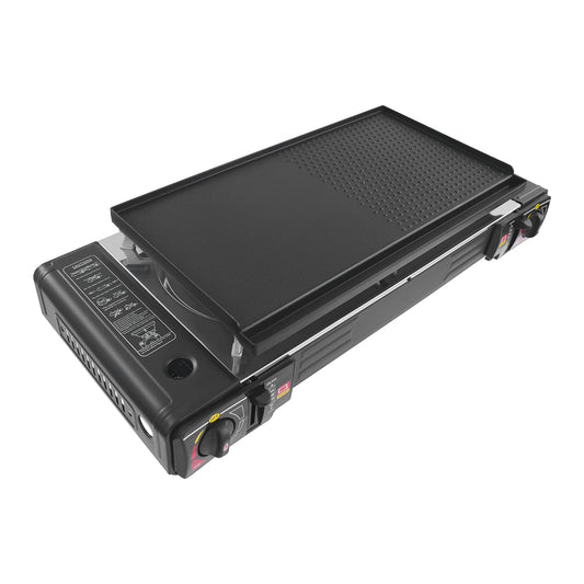 2-Burner Butane Camping Stove With Grill Pan For Outdoor Cooking