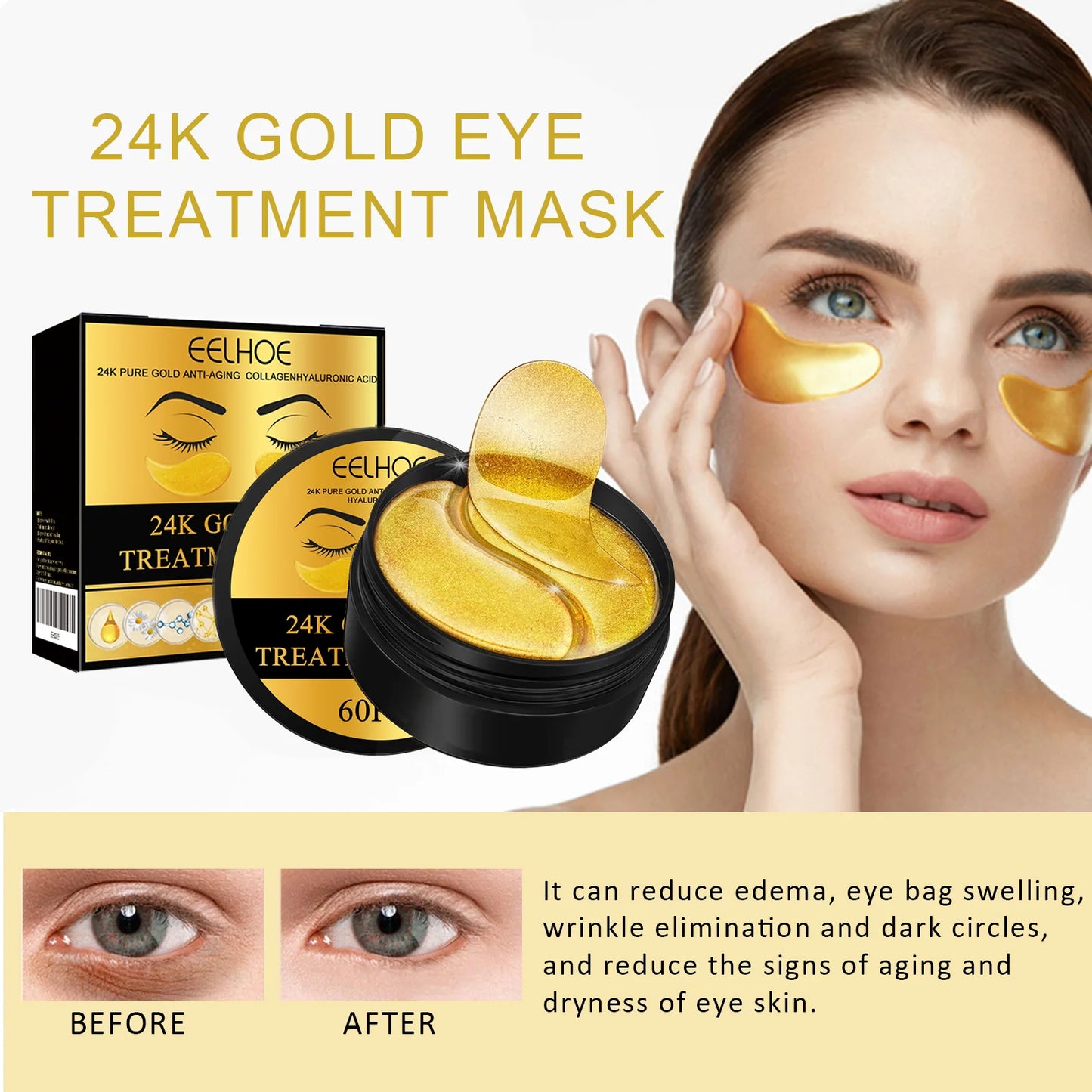 Eelhoe 24K Gold Under Eye Patches Anti Aging Moisturizing