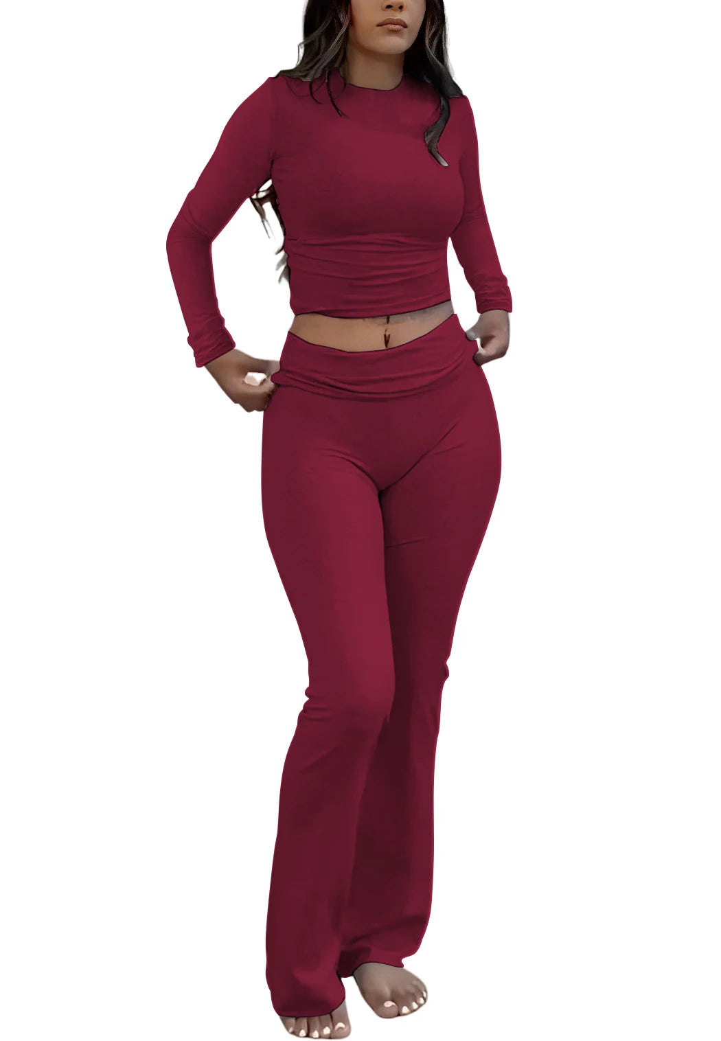 Women's Yoga Two-Piece Set Long-Sleeve Wide-Leg Activewear Ensemble