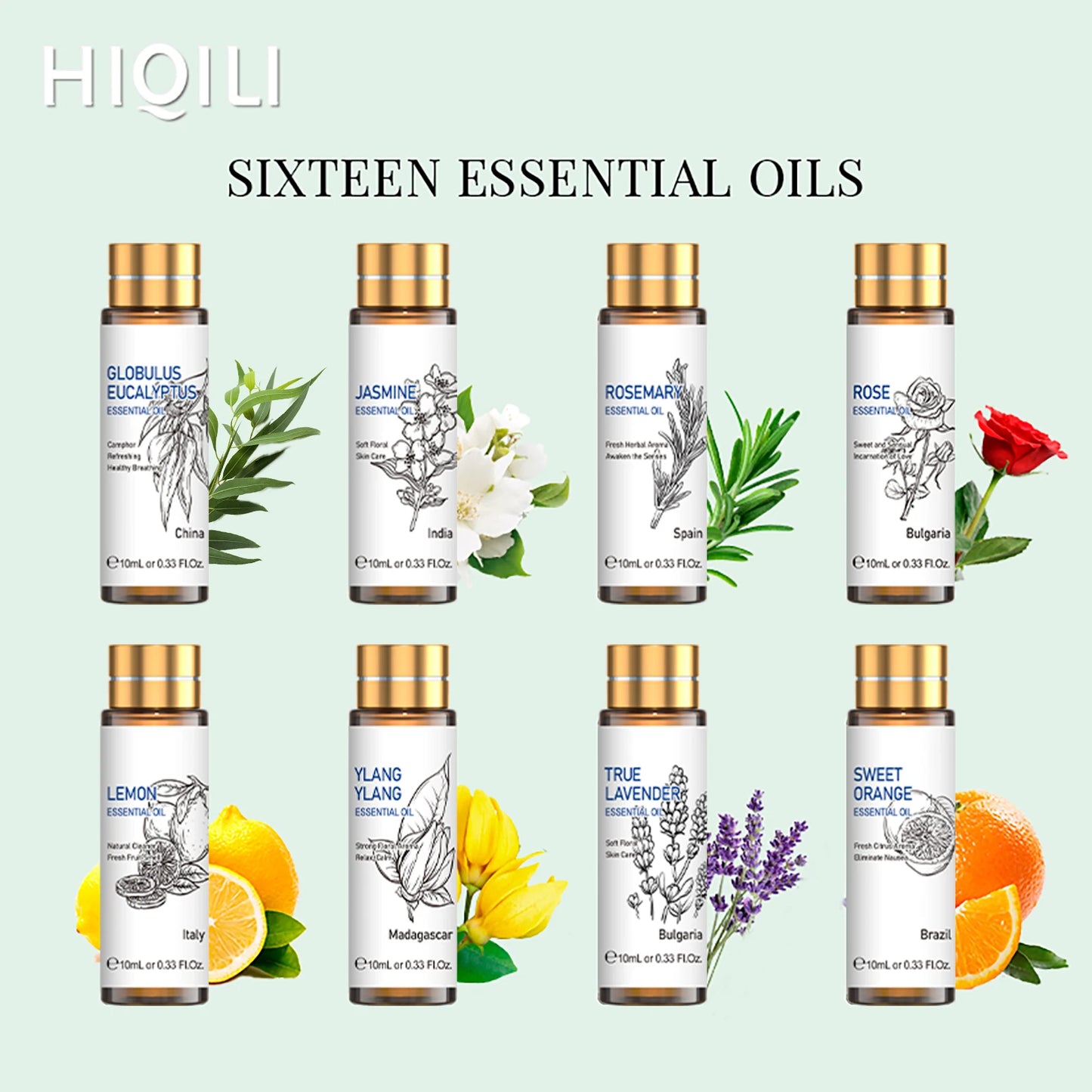 HIQILIE Essential Oils Set Lavender Eucalyptus Vanilla Jasmine Mint Rose