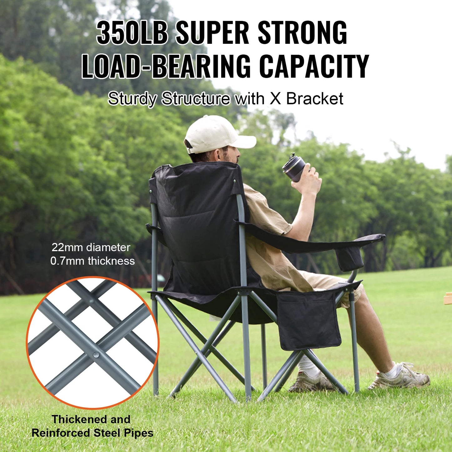 VEVOR Portable Camping Folding Chair With Lumbar Back Support And Side Pockets