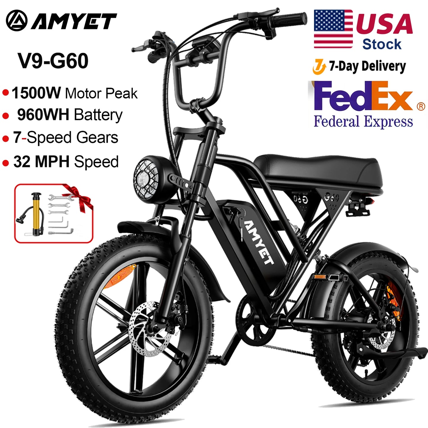 AMYET V9-G60 Electric Bike 1000W 48V Ebike For Men Elite