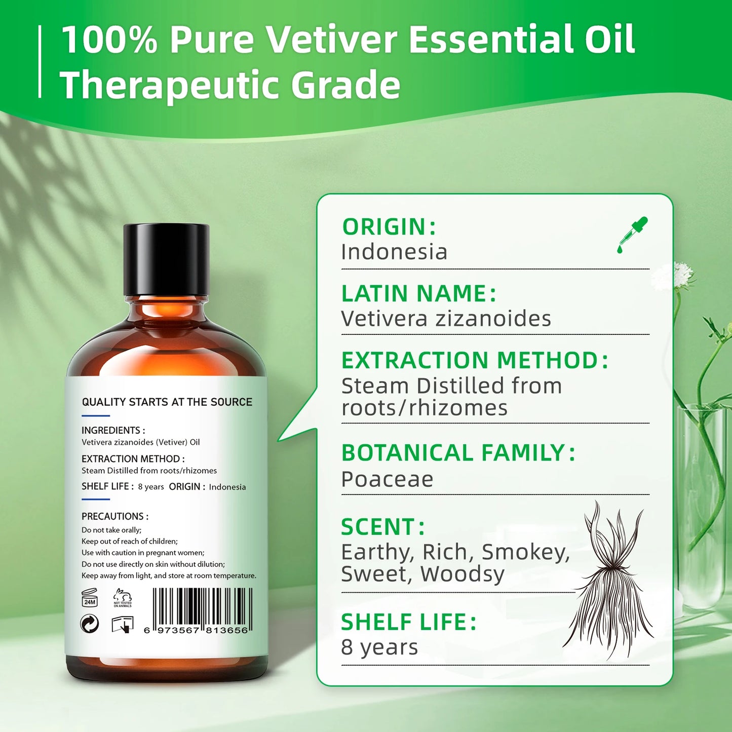 HIQILI Vetiver Essential Oil Pure Steam Distilled For Aromatherapy