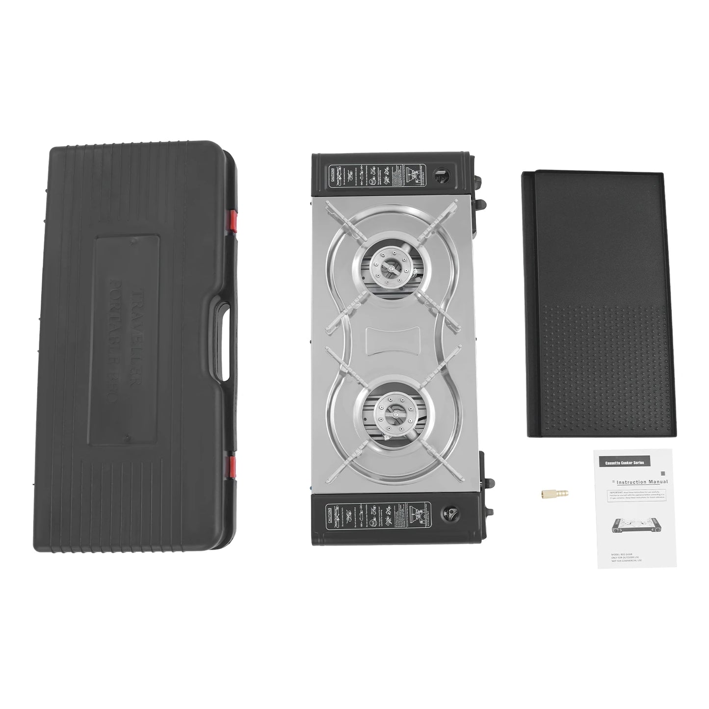 2-Burner Butane Camping Stove With Grill Pan For Outdoor Cooking