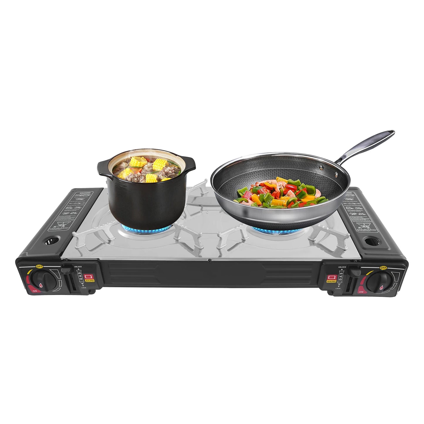 2-Burner Butane Camping Stove With Grill Pan For Outdoor Cooking