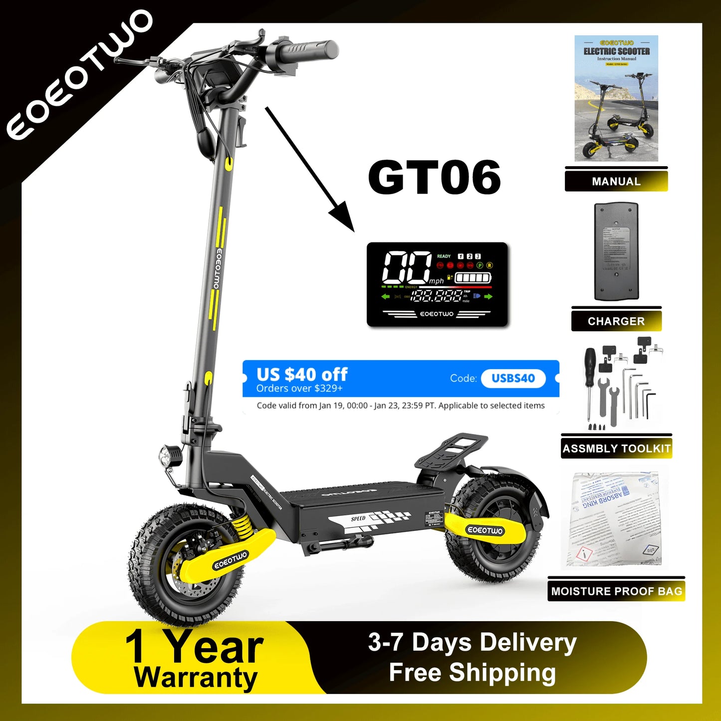 EOEOTWO GT06 Electric Scooter 30 MPH 1200W Dual Suspension