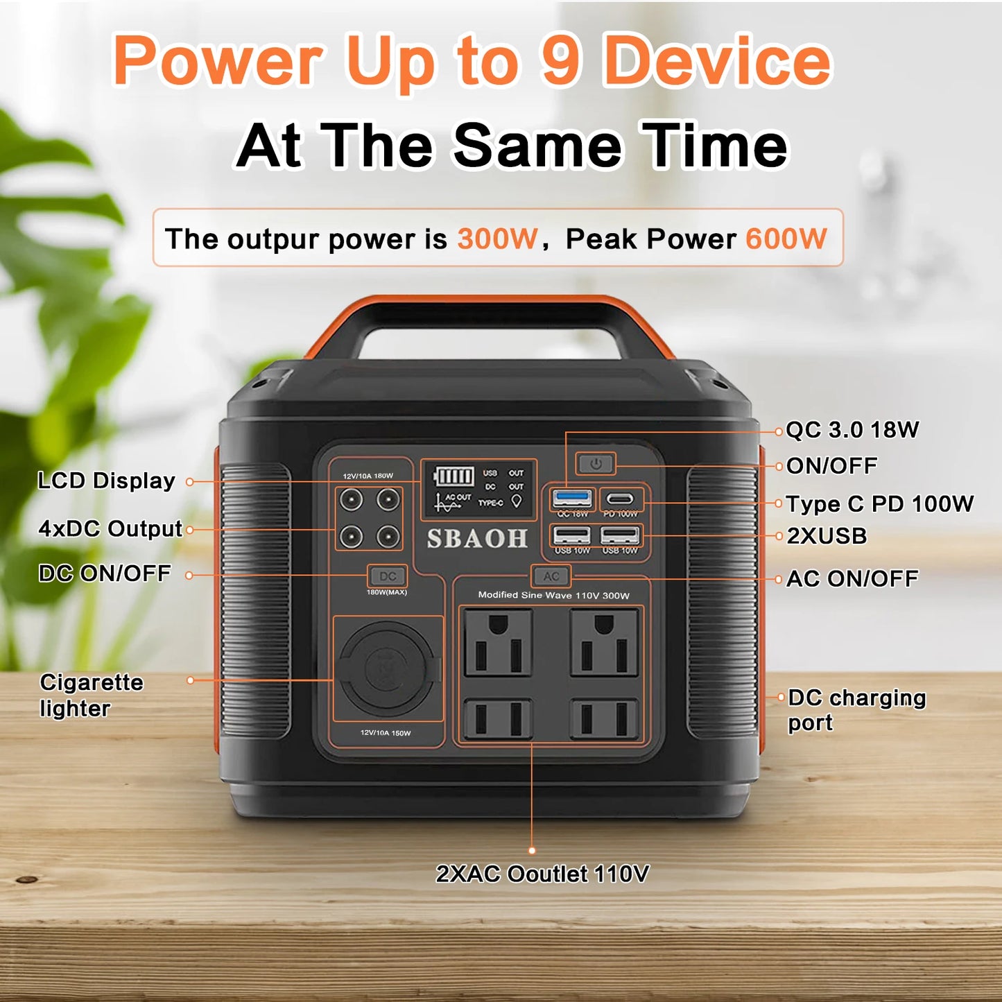 SBAOH Portable Power Station 296Wh 300W Solar Generator 110V AC