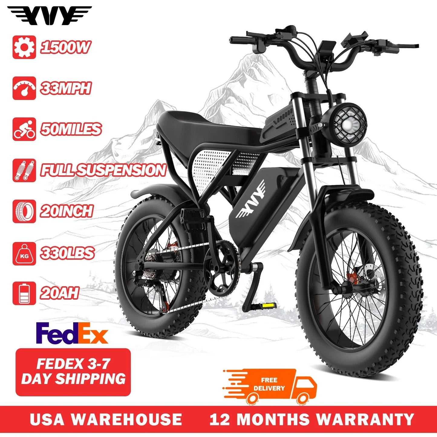 YVY 1500W Fat Tire Electric Bike 33MPH 48V Removable Battery