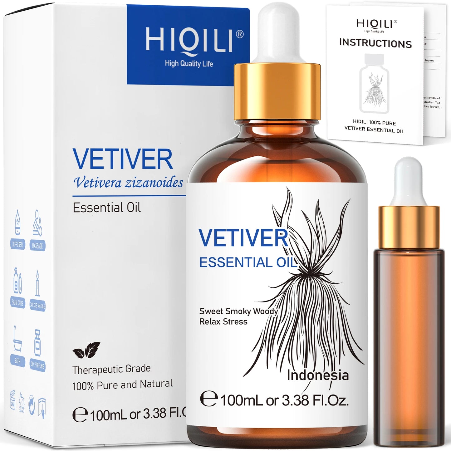HIQILI Vetiver Essential Oil Pure Steam Distilled For Aromatherapy