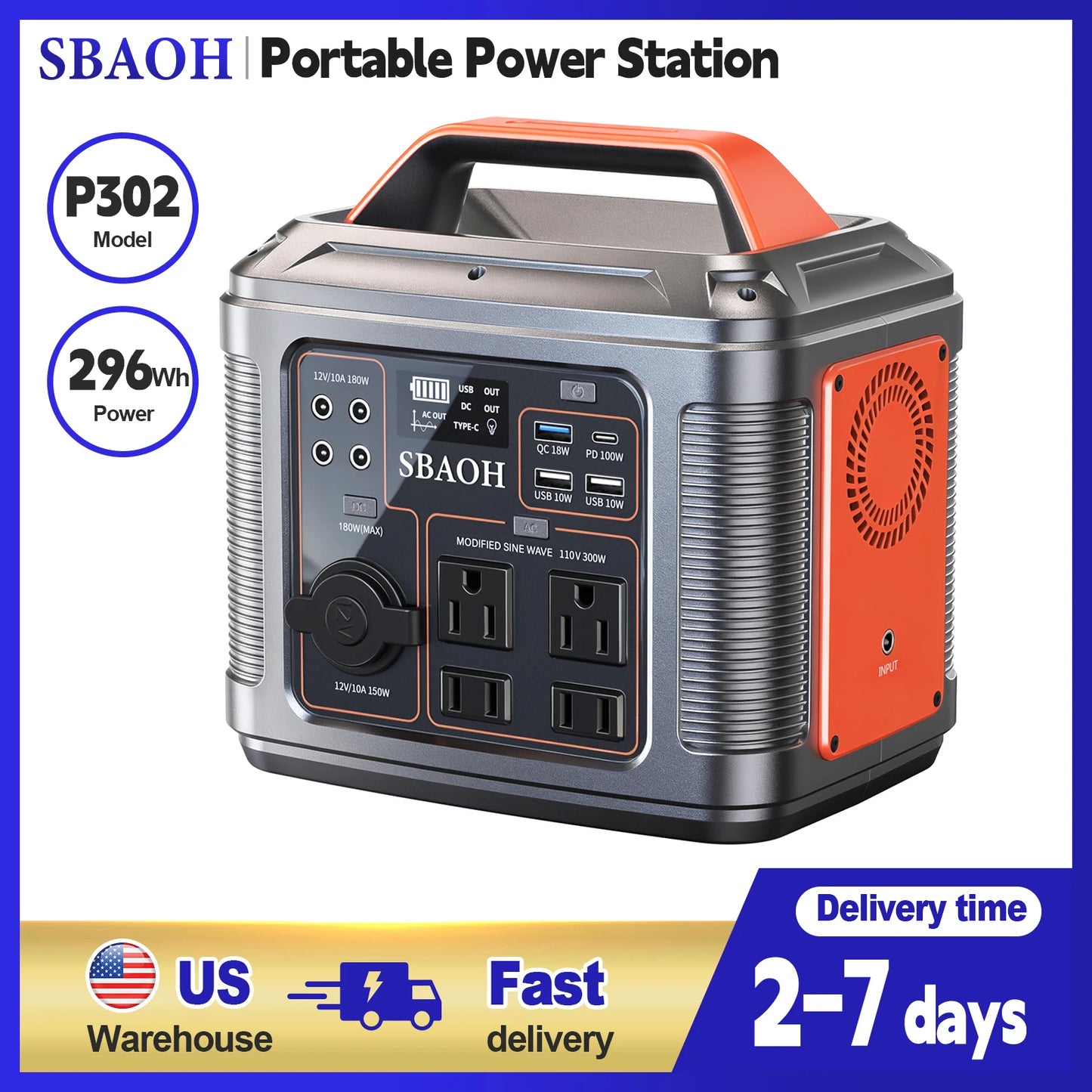 SBAOH Portable Power Station 296Wh 300W Solar Generator 110V AC