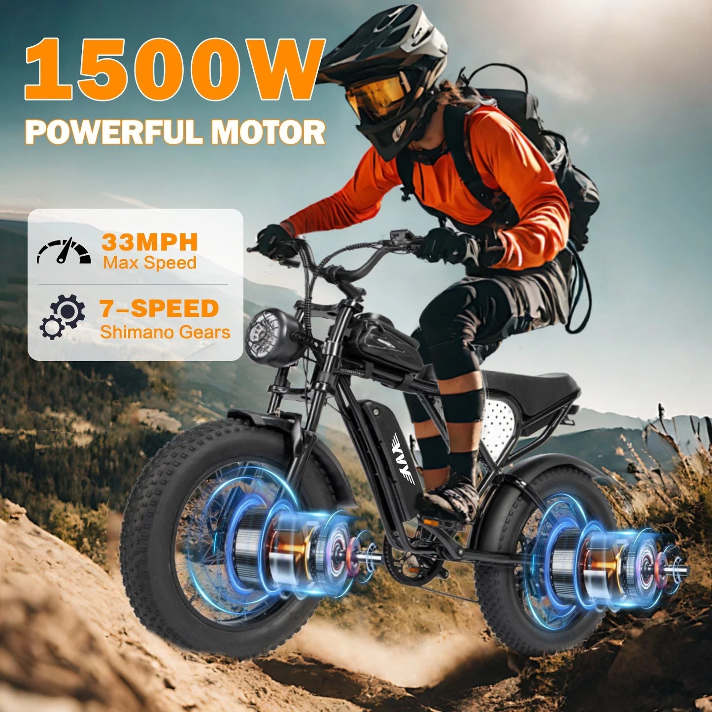 YVY 1500W Fat Tire Electric Bike 33MPH 48V Removable Battery