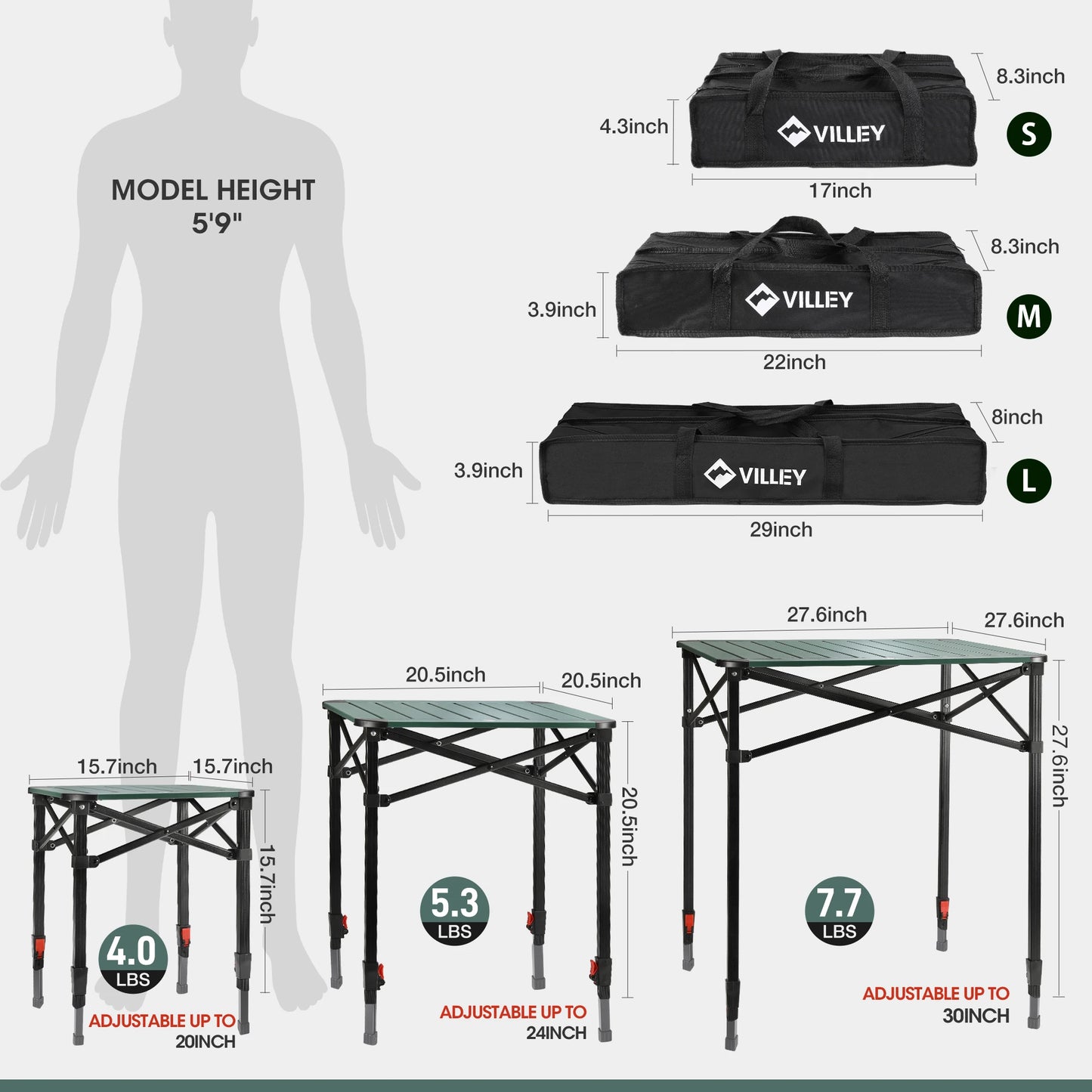 VILLEY Folding Adjustable Camping Square Table With Carry Bag Aluminum