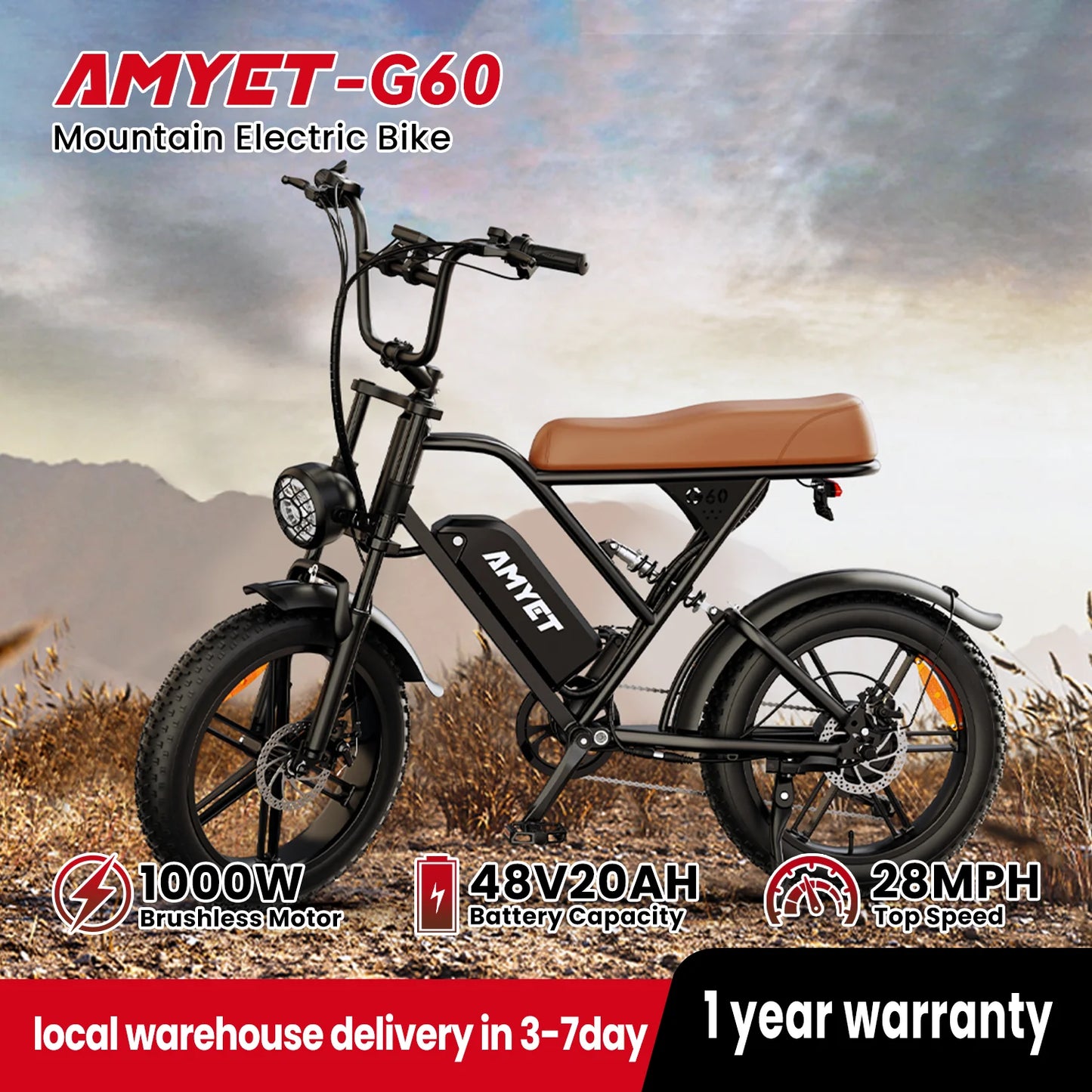 AMYET V9-G60 Electric Bike 1000W 48V Ebike For Men Elite