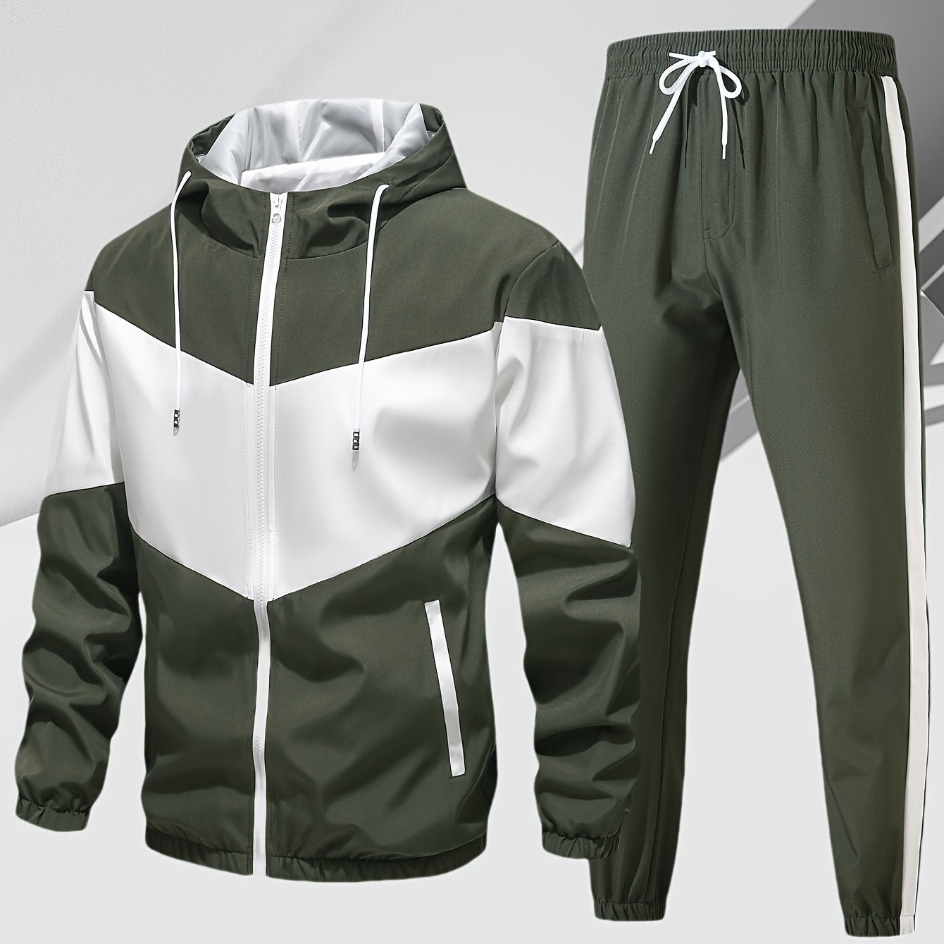 Men's Casual Two Piece Set Hooded Jacket With Drawstring Pants