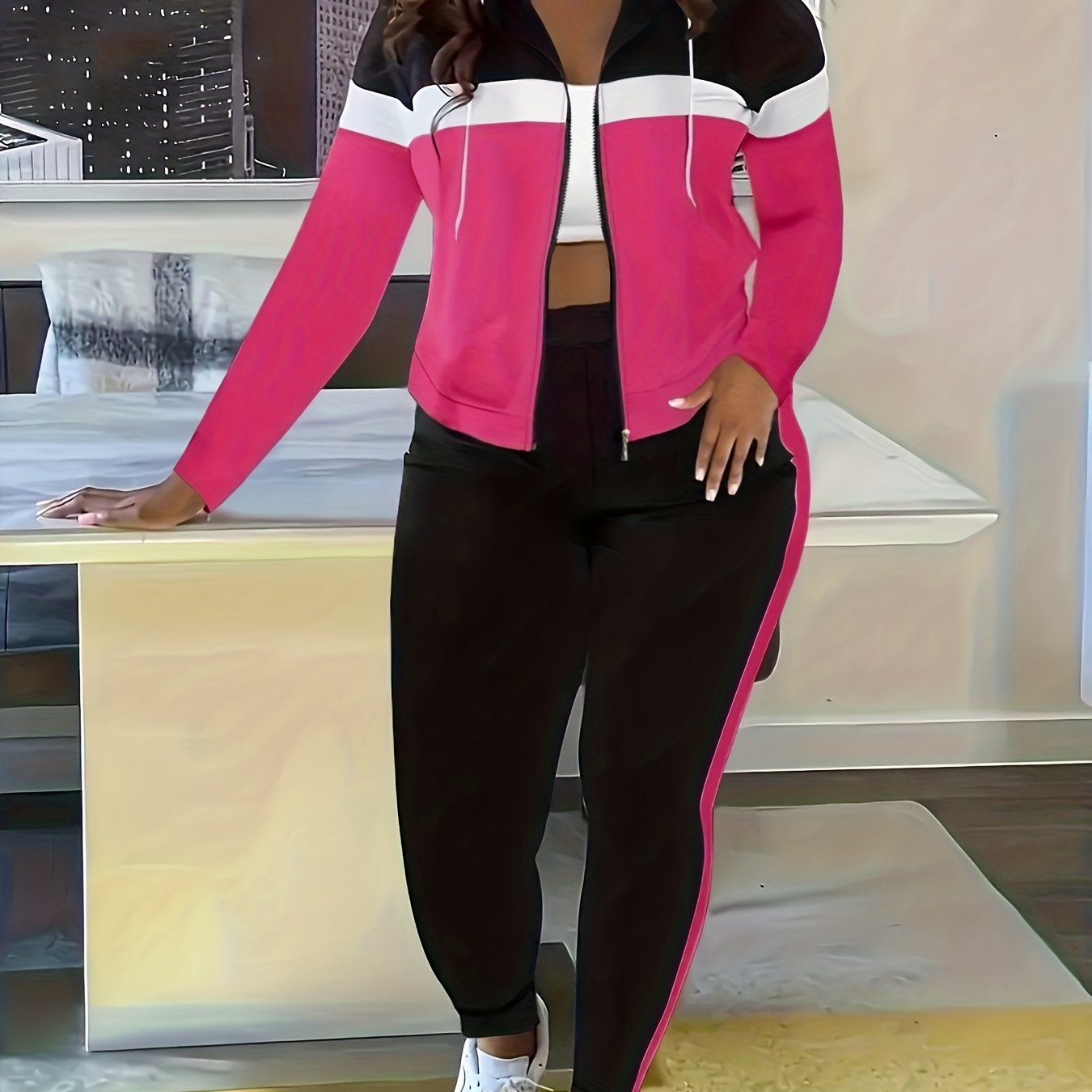 Two Piece Zip Up Tracksuit Set With Jogger Pants Women