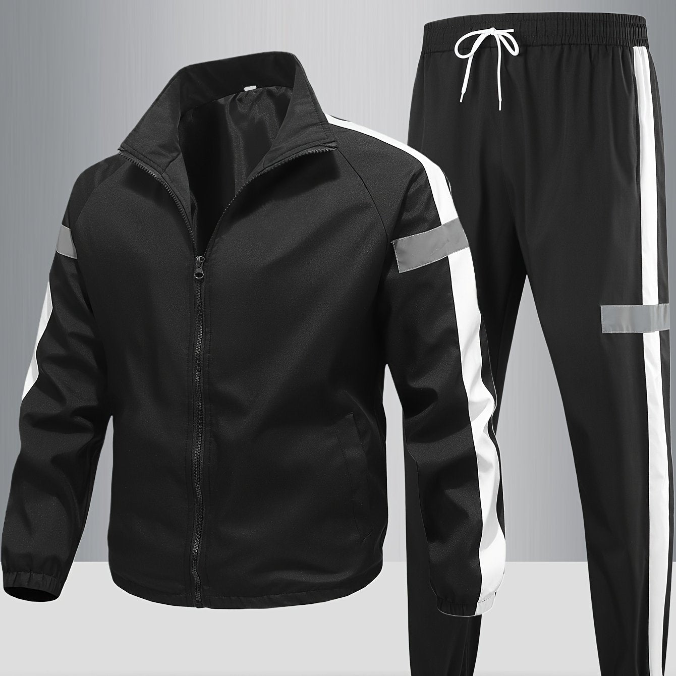 Men's Casual Sportswear Set Hooded Top Long Sleeve Striped Polyester