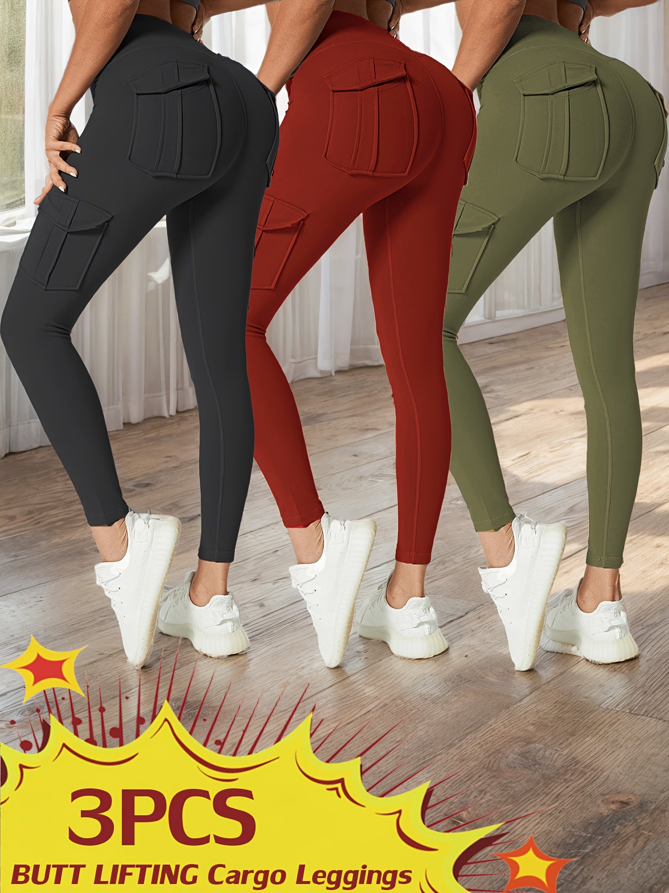 JEGGE High Waisted Yoga Leggings Set 3 Pack With Pockets