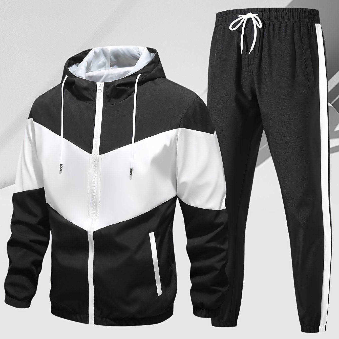 Men's Casual Two Piece Set Hooded Jacket With Drawstring Pants